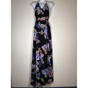 YUMI KIM Black Silk Floral Maxi Wrap Dress Sleeveless Wedding Guest Size Medium